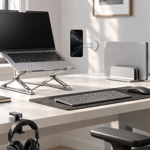 Modern desk setup with a laptop, passive stands, and cable organization accessories.