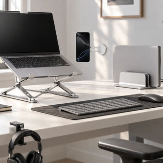 Modern desk setup with a laptop, passive stands, and cable organization accessories.