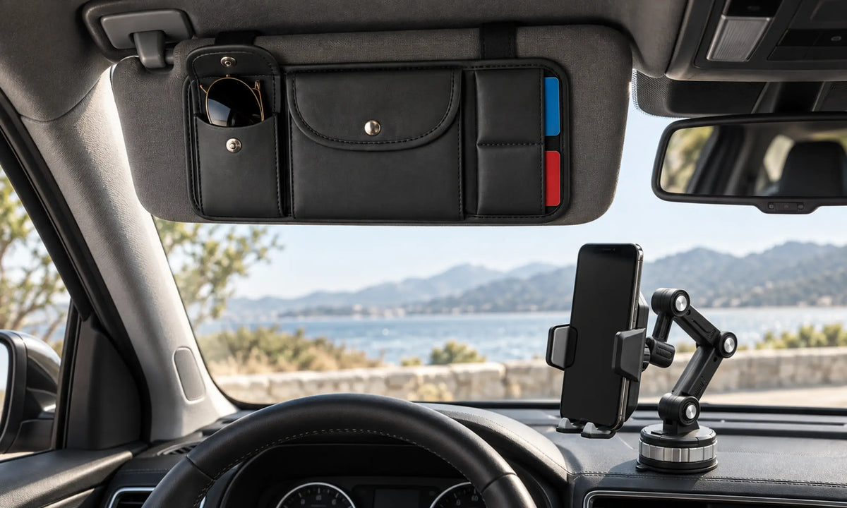 Passive car accessories including a phone mount and sun visor organizer in a clean vehicle interior.