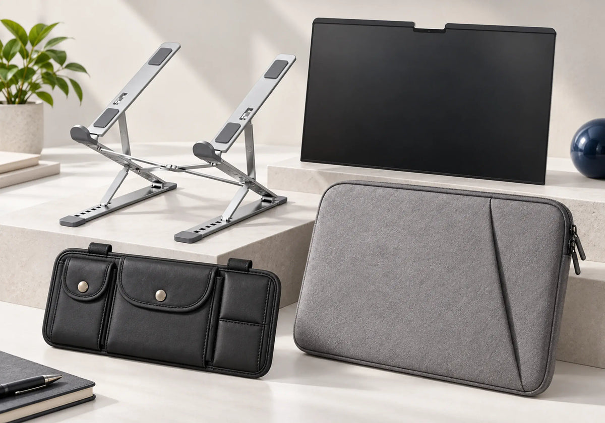 Featured tech essentials including a laptop stand, padded sleeve, privacy screen, and sun visor organizer.