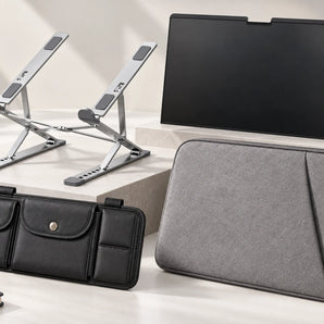 Featured tech essentials including a laptop stand, padded sleeve, privacy screen, and sun visor organizer.