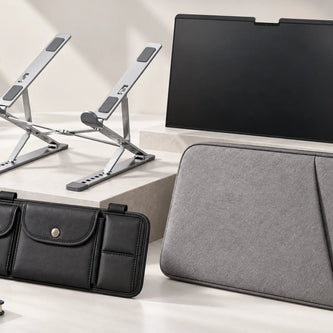 Featured tech essentials including a laptop stand, padded sleeve, privacy screen, and sun visor organizer.