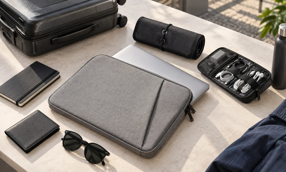 Padded laptop sleeve and compact tech organizers arranged for everyday travel carry.