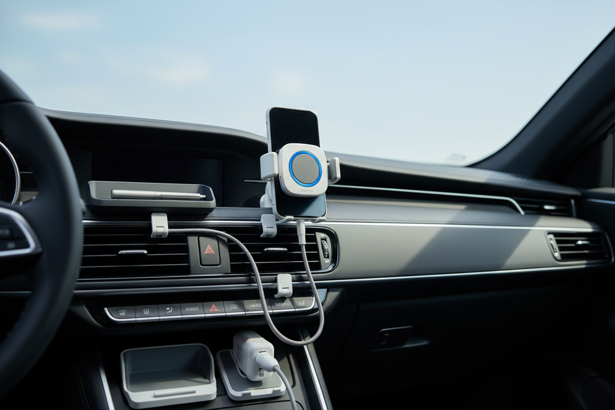 Clean car dashboard setup with magnetic phone mount, car charger, cable clips, phone holder, and organized cables.