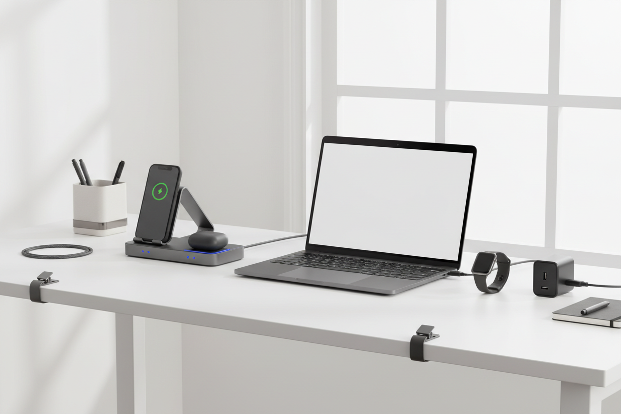 Modern desk setup with charging stand, USB-C charger, charging hub, cable clips, and desk organizer.