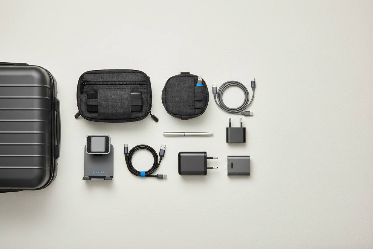 Travel tech flat lay with cable organizer bag, compact charger, foldable charging stand, tech pouch, and charging cables.