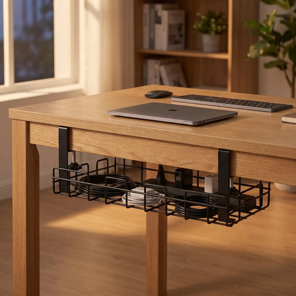 Organized evening desk setup with cables and power accessories stored in an under-desk tray.