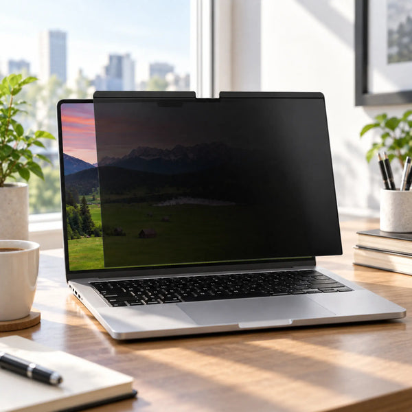 MacBook privacy screen with matte surface reducing visible reflections near a bright window