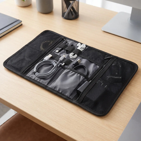 Cable Organizer Wrap interior with small accessories separated in elastic holders and pockets