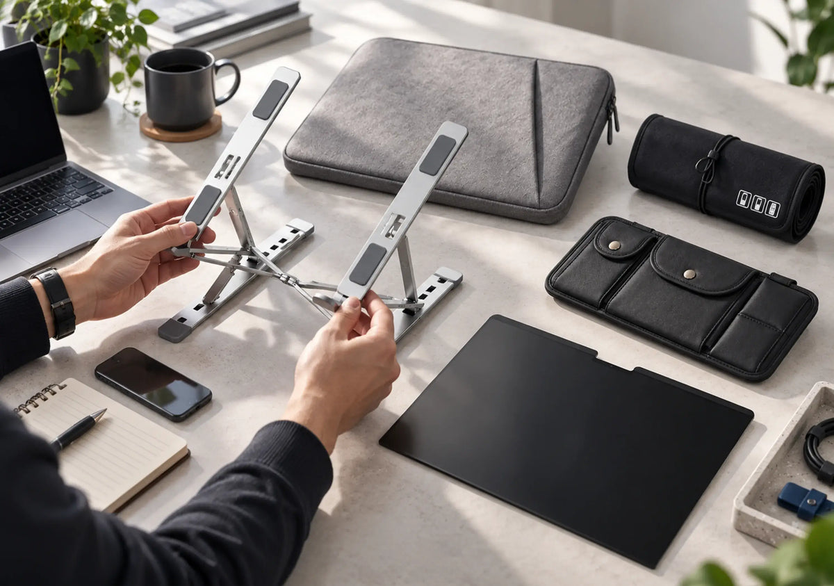 Hands reviewing a curated selection of passive tech accessories at a clean worktable