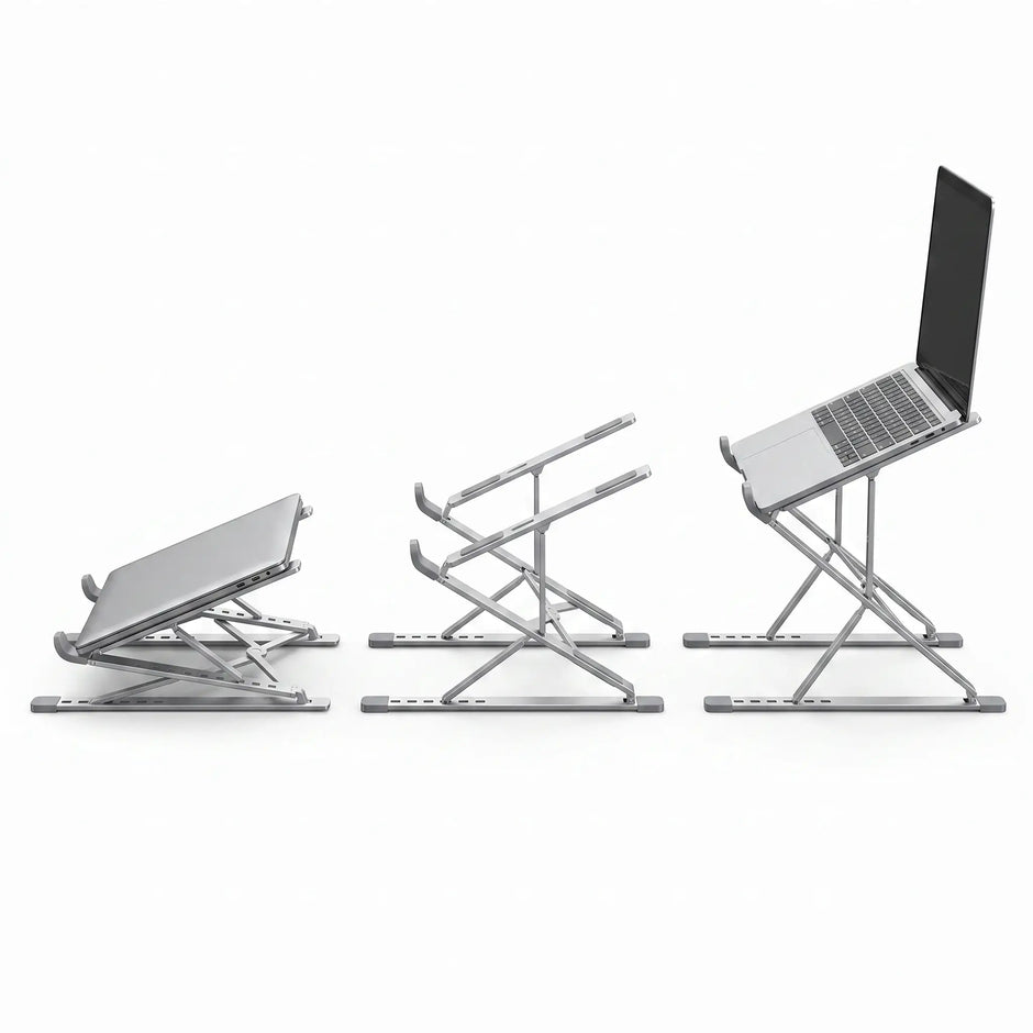 Foldable aluminum laptop stand shown in low, medium, and elevated angle positions.