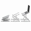 Foldable aluminum laptop stand shown in low, medium, and elevated angle positions.