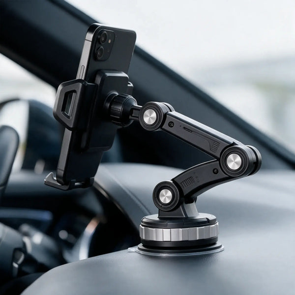 Adjustable multi-joint arm positioning a smartphone above a car dashboard