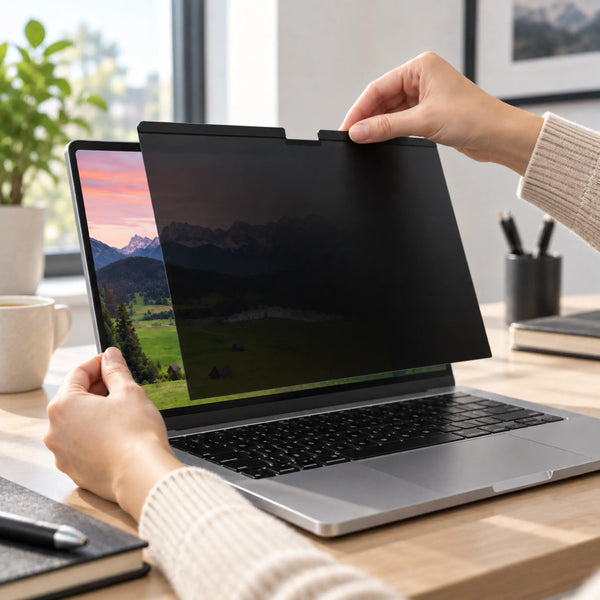 Close-up of magnetic privacy screen attaching to the top edge of a MacBook display