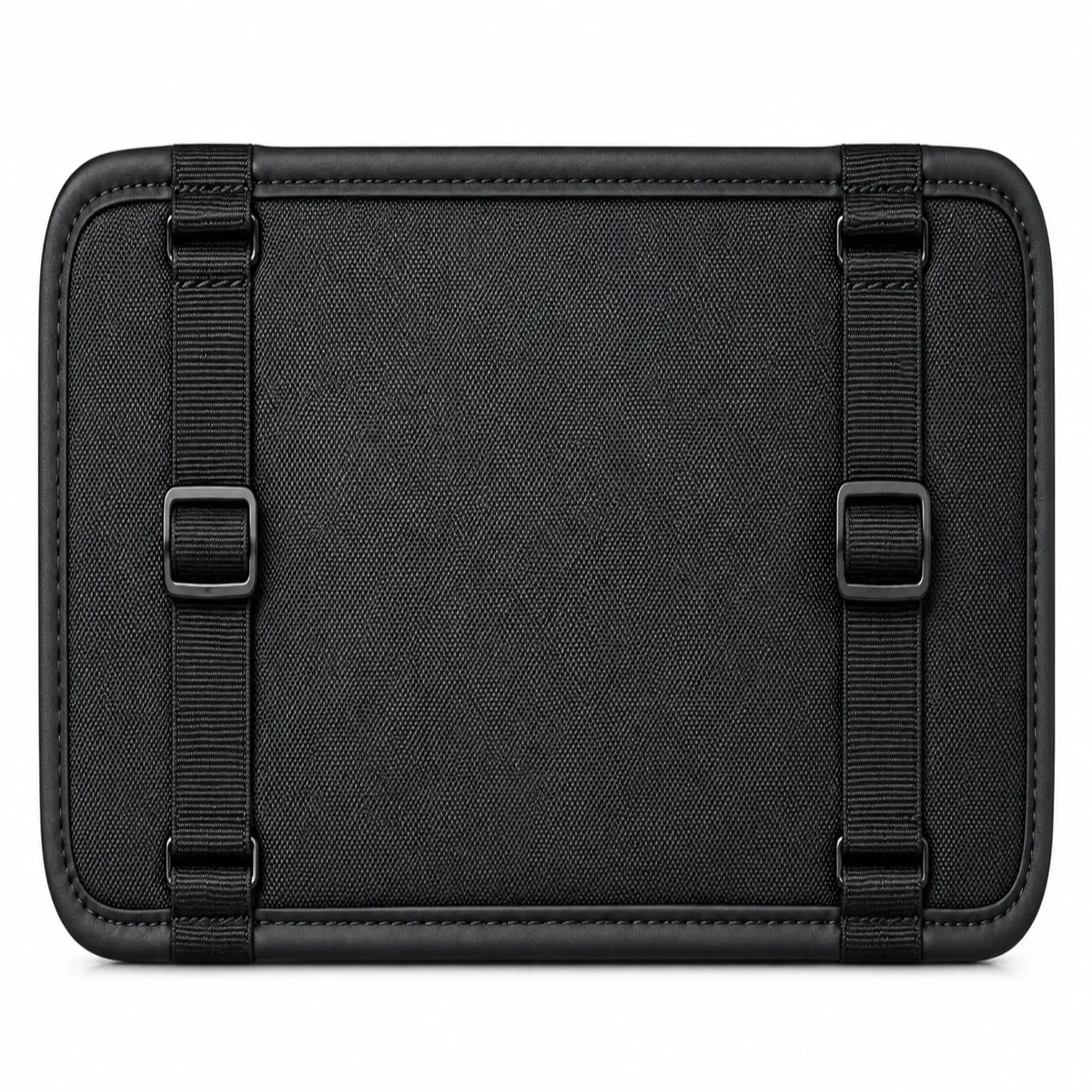 Back view of black sun visor organizer showing textured backing and two adjustable mounting straps
