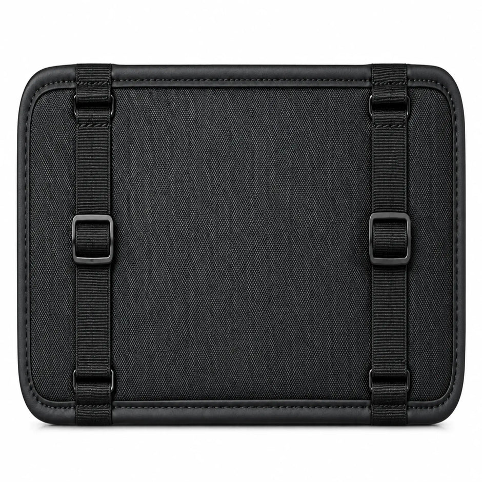 Back view of black sun visor organizer showing textured backing and two adjustable mounting straps