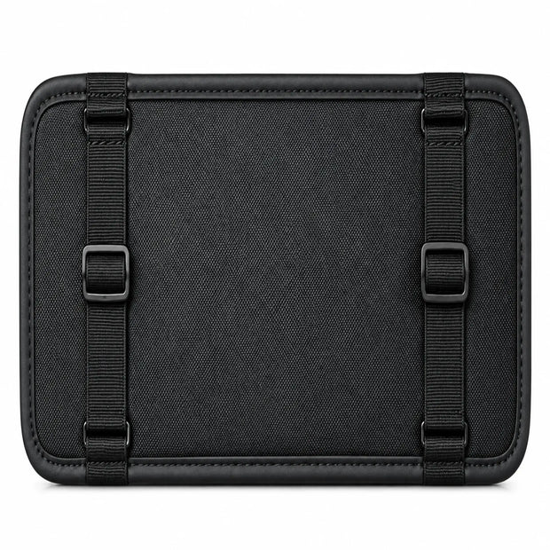 Back view of black sun visor organizer showing textured backing and two adjustable mounting straps