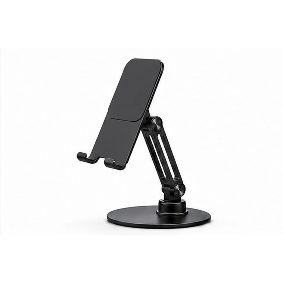 Black adjustable aluminum phone and tablet stand with anti-slip silicone pads