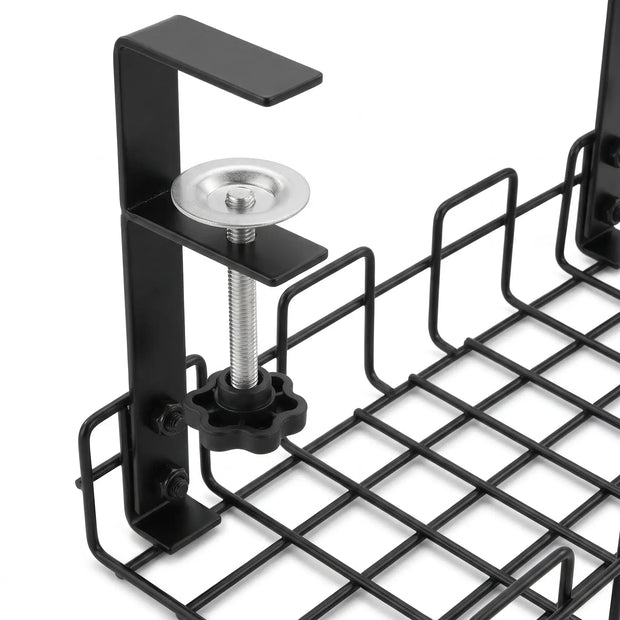 Close-up of the adjustable screw clamp on the Under-Desk Cable Management Tray.