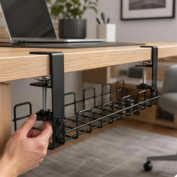 Person tightening the clamp on an Under-Desk Cable Management Tray without drilling the desk.