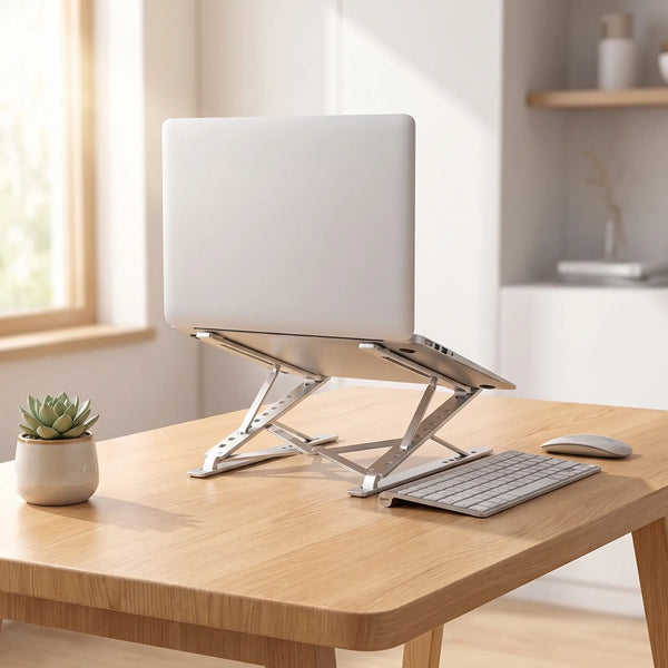 Foldable aluminum laptop stand creating a clean raised laptop workspace.