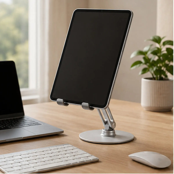 360° adjustable phone and tablet stand holding a tablet on a clean modern desk setup