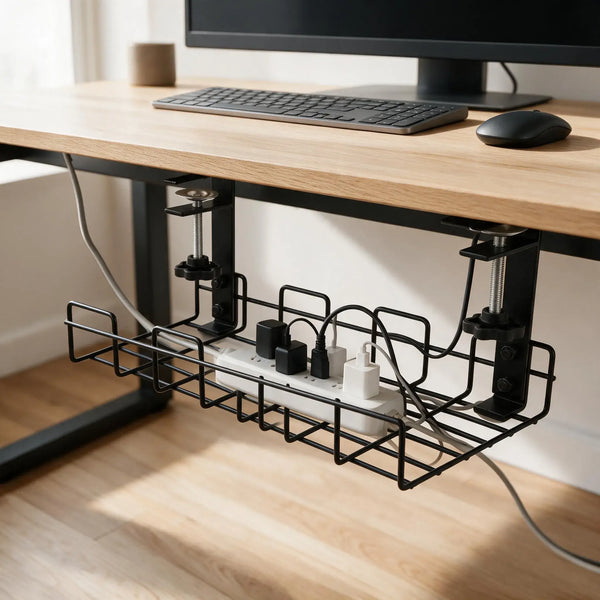 Cable management tray keeping power strips and loose cables organized beneath a desk.