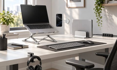 Clean laptop workspace with passive stands and organization accessories for a modern desk setup
