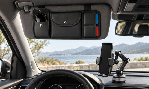 Passive car organization accessories arranged in a clean modern vehicle interior