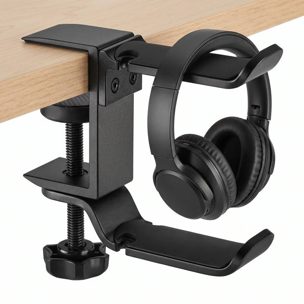 Dual-level clamp-on desk hook holding over-ear headphones with secondary storage area visible.