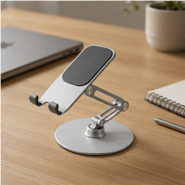 360° adjustable phone and tablet stand positioned at a lower viewing angle on a wooden desk