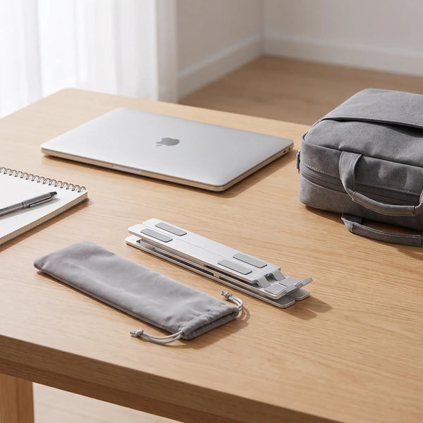 Folded aluminum laptop stand and storage pouch prepared for travel or remote work.