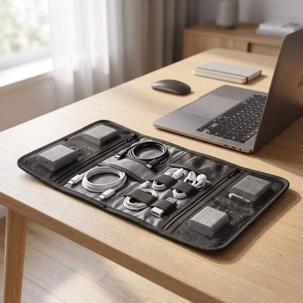 Open Roll-Up Cable Organizer Wrap keeping cables and small tech accessories organized on a desk