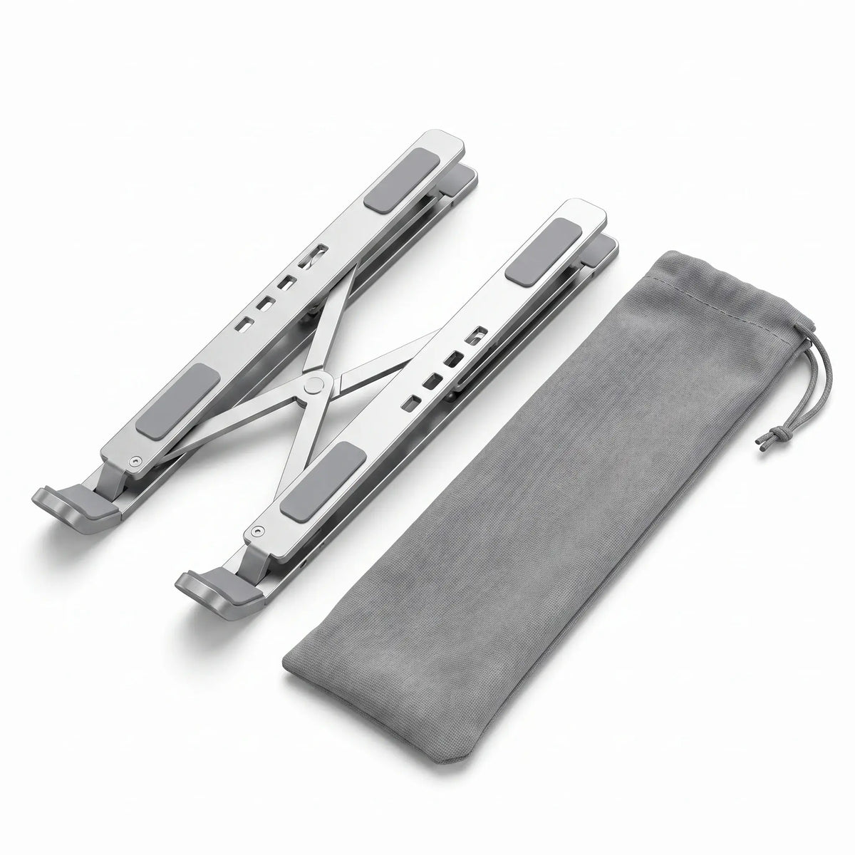 Folded aluminum laptop stand beside its compact storage pouch.