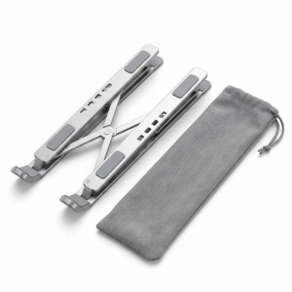 Folded aluminum laptop stand beside its compact storage pouch.