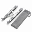 Folded aluminum laptop stand beside its compact storage pouch.