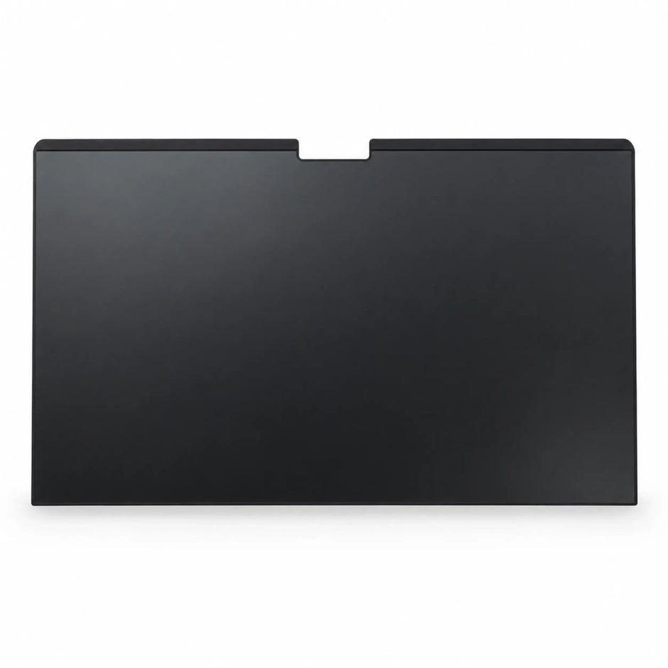 Front view of black magnetic MacBook privacy screen with matte privacy surface and camera cutout