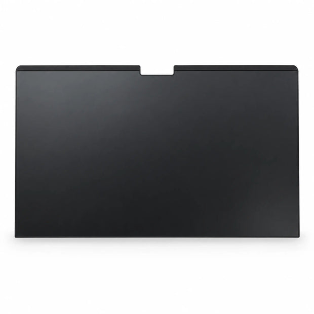 Front view of black magnetic MacBook privacy screen with matte privacy surface and camera cutout