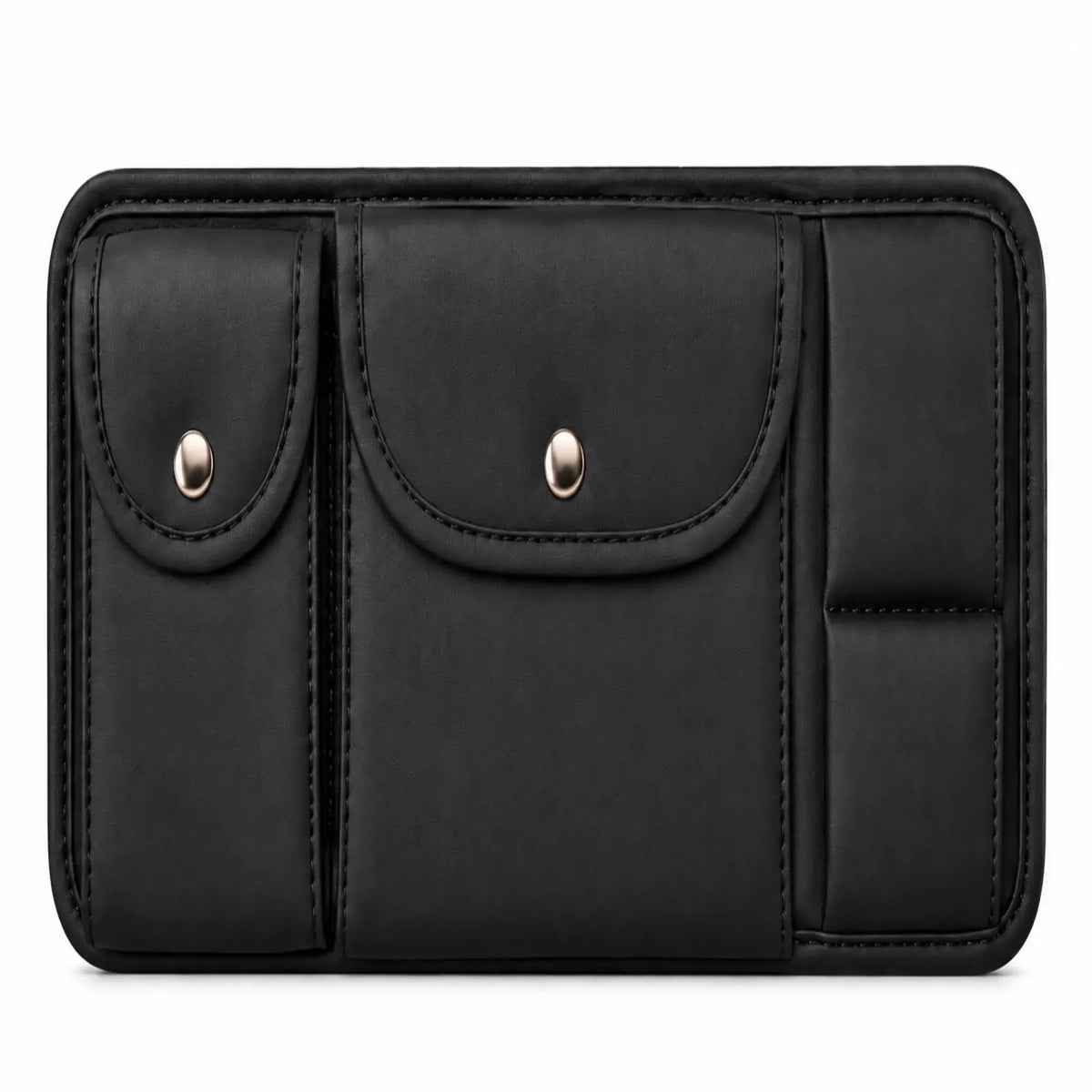 Front view of black faux-leather sun visor organizer with two snap pouches and stacked card sleeves