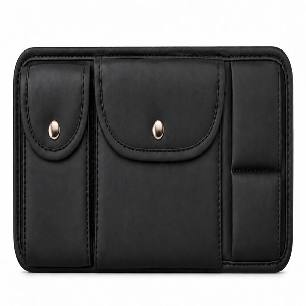 Front view of black faux-leather sun visor organizer with two snap pouches and stacked card sleeves