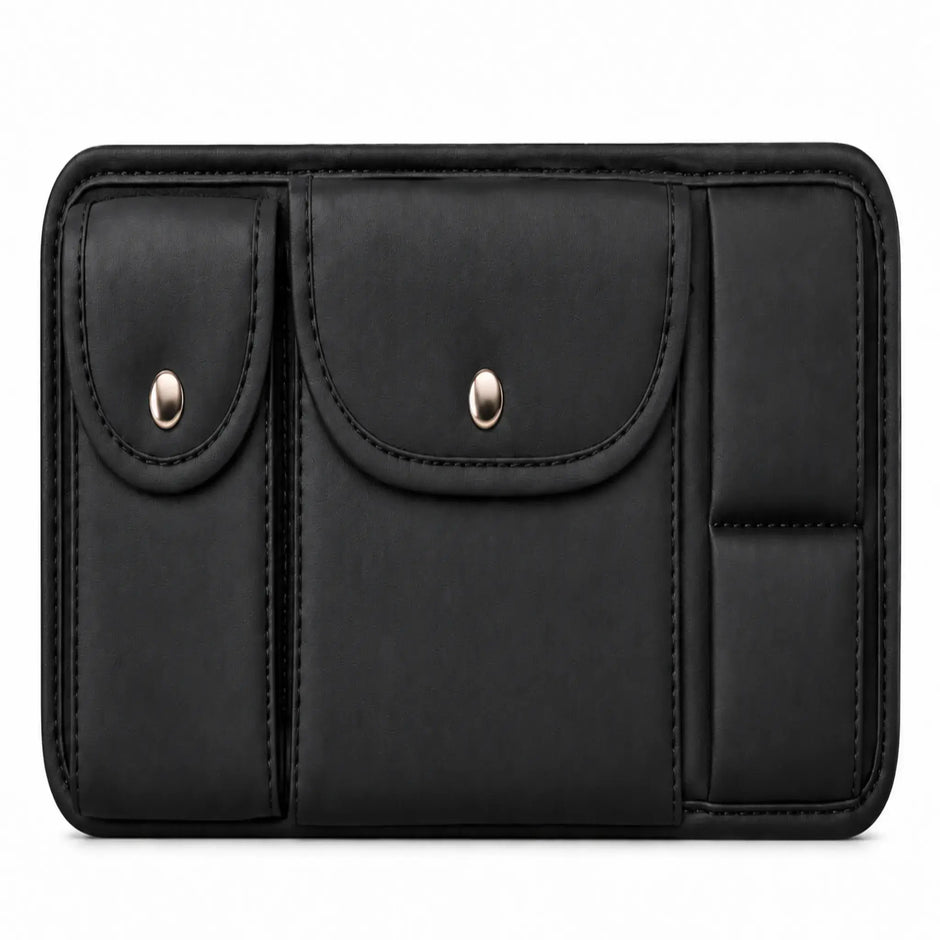 Front view of black faux-leather sun visor organizer with two snap pouches and stacked card sleeves