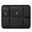 Front view of black faux-leather sun visor organizer with two snap pouches and stacked card sleeves