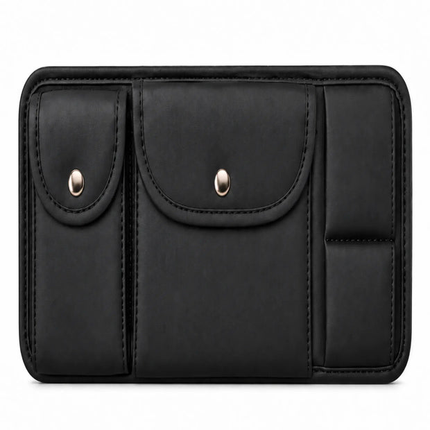 Front view of black faux-leather sun visor organizer with two snap pouches and stacked card sleeves