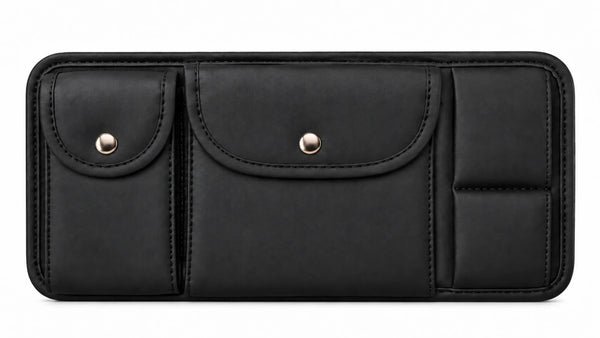 Front view of black faux-leather sun visor organizer with two snap pouches and stacked card sleeves