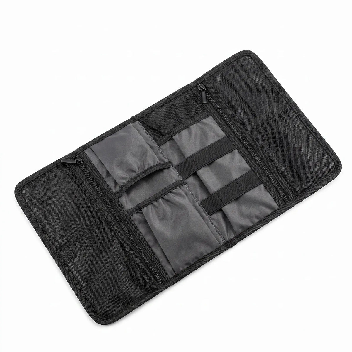 Roll-Up Cable Organizer Wrap opened flat showing interior pockets and elastic storage sections