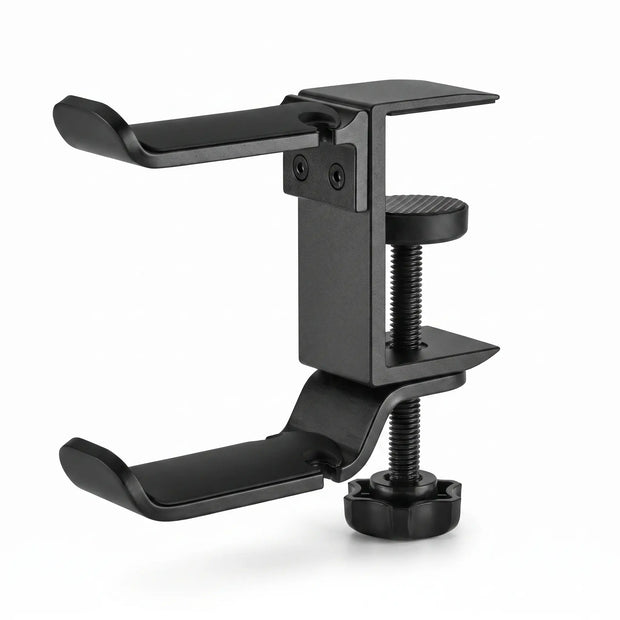 Black aluminum clamp-on desk headphone hook with adjustable desk clamp.