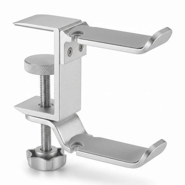 Silver aluminum clamp-on desk headphone hook with adjustable clamp mechanism.