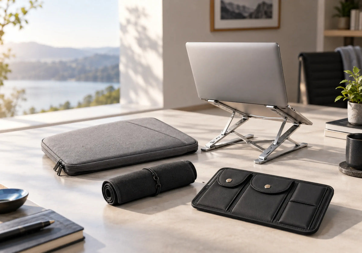 Curated passive tech accessories arranged on a clean work surface for everyday organization