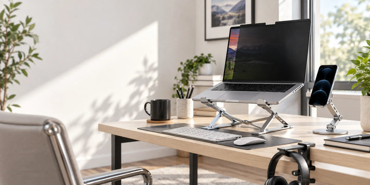 Curated passive tech accessories arranged in a clean modern workspace for Rappiel Tech