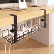 Under-Desk Cable Management Tray holding a power strip and cables beneath a modern desk.